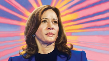 An illustration of Kamala Harris looking confident and heroic