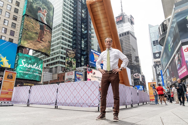 Former congressman Anthony Weiner seen on Times Sqaure promoting public art.\