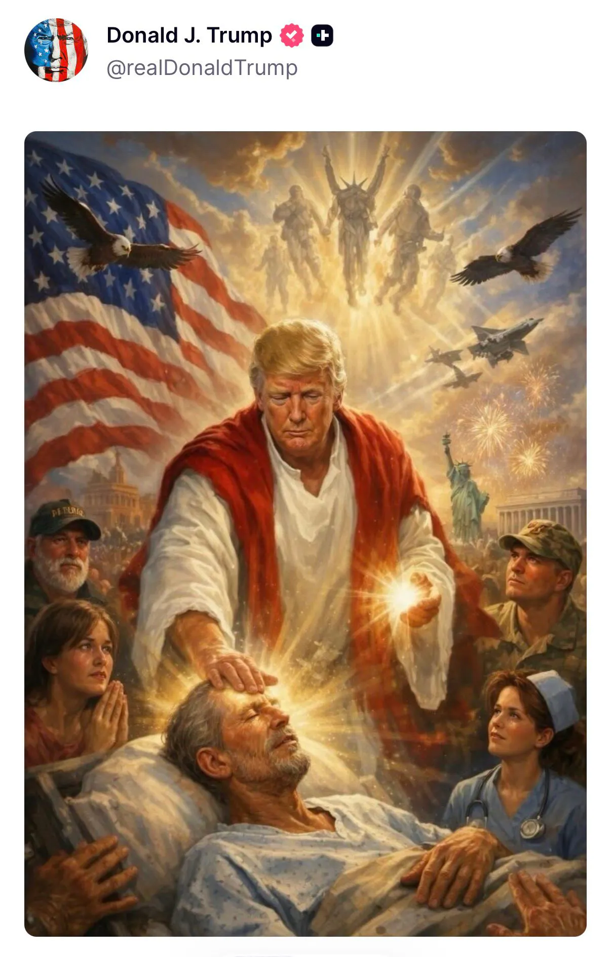 AI photo of Trump as Jesus as he heals a sick man by putting his hand on his forehead. Others crowd around them watching and praying.