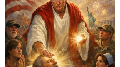 AI photo of Trump as Jesus as he heals a sick man by putting his hand on his forehead. Others crowd around them watching and praying.
