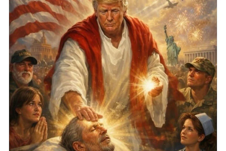AI photo of Trump as Jesus as he heals a sick man by putting his hand on his forehead. Others crowd around them watching and praying.