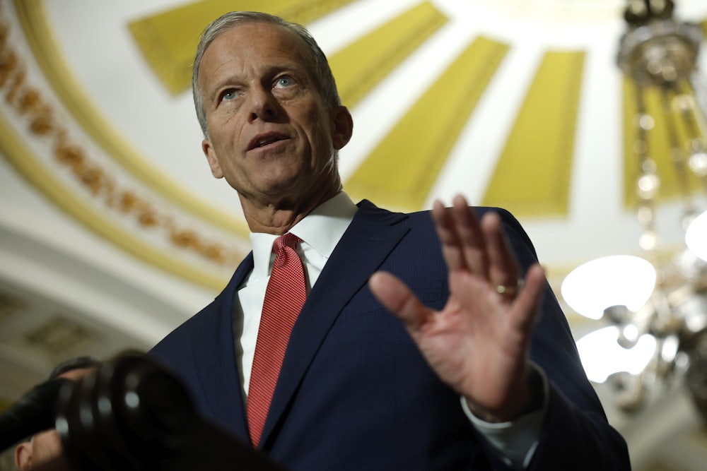 Senate Majority Leader John Thune speaks to the media following a Senate policy luncheon at the Capitol on September 9, 2025.