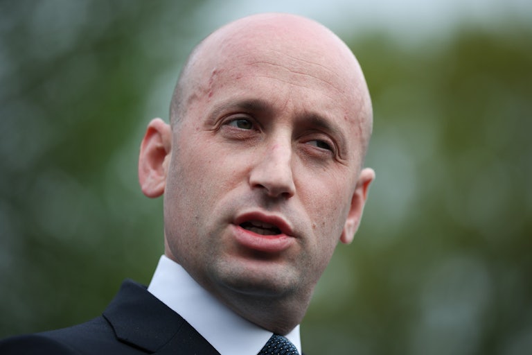 Stephen Miller speaks as his forehead veins pop.
