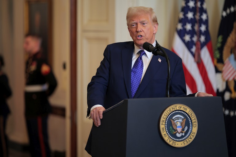 Donald Trump speaking at the presidential podium