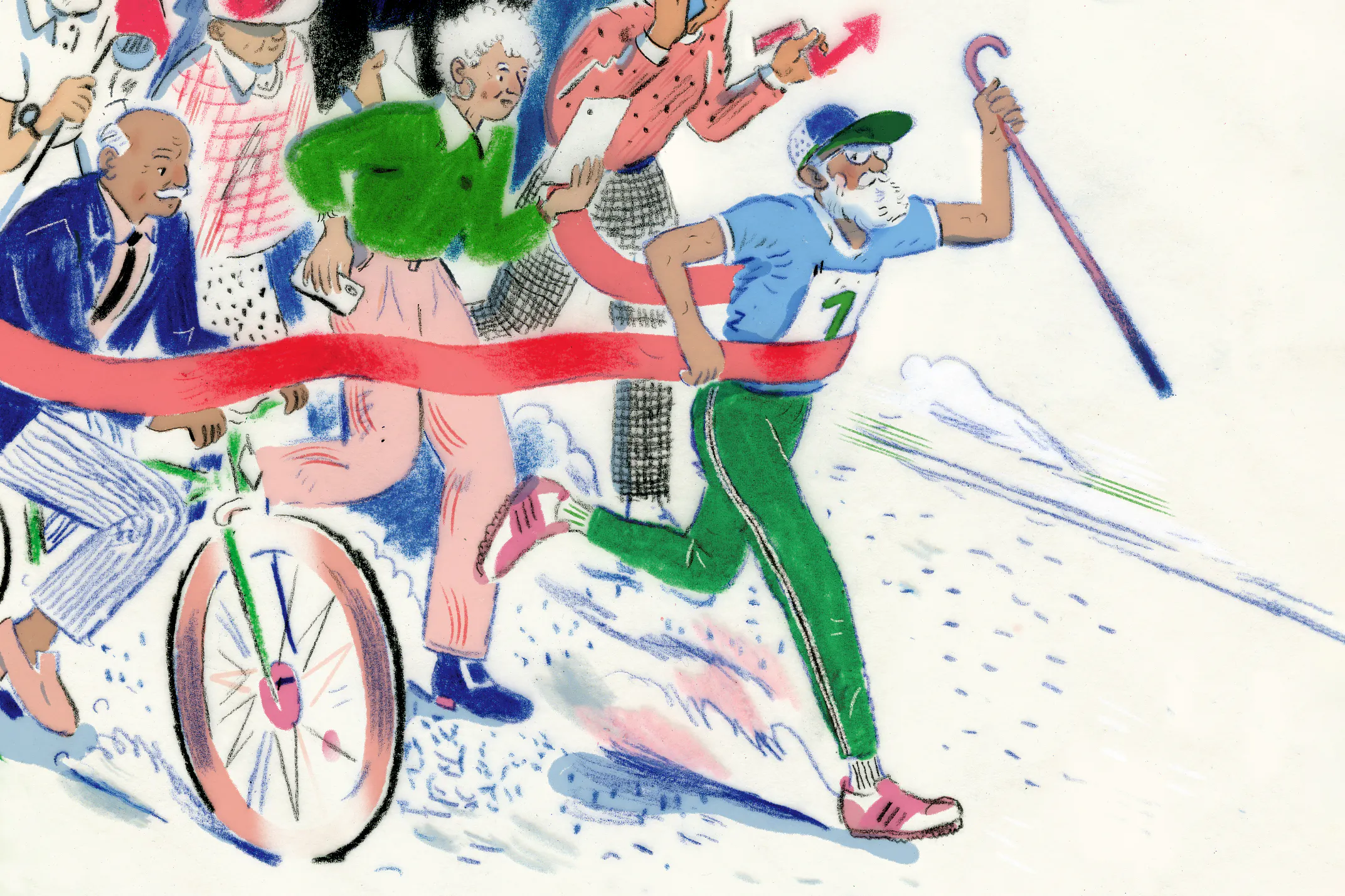 Drawing of a diverse group of older adults and one holding a cane runs through the finish line ribbon,  Behind him, a crowd of elderly people of various races follow with one is a bicycle carrying a "VOTE" pennant flag. 