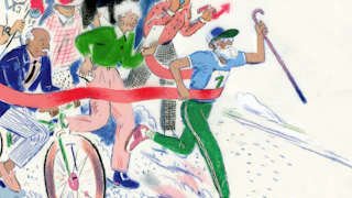 Drawing of a diverse group of older adults and one holding a cane runs through the finish line ribbon, Behind him, a crowd of elderly people of various races follow with one is a bicycle carrying a "VOTE" pennant flag.