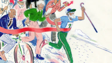 Drawing of a diverse group of older adults and one holding a cane runs through the finish line ribbon, Behind him, a crowd of elderly people of various races follow with one is a bicycle carrying a "VOTE" pennant flag.