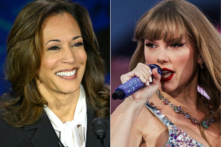 Two pictures mashed together. On the left, Kamala Harris smiling at a campaign event; on the right, Taylor Swift singing in a sequin dress
