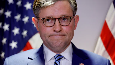 Speaker of the House Mike Johnson frowns.