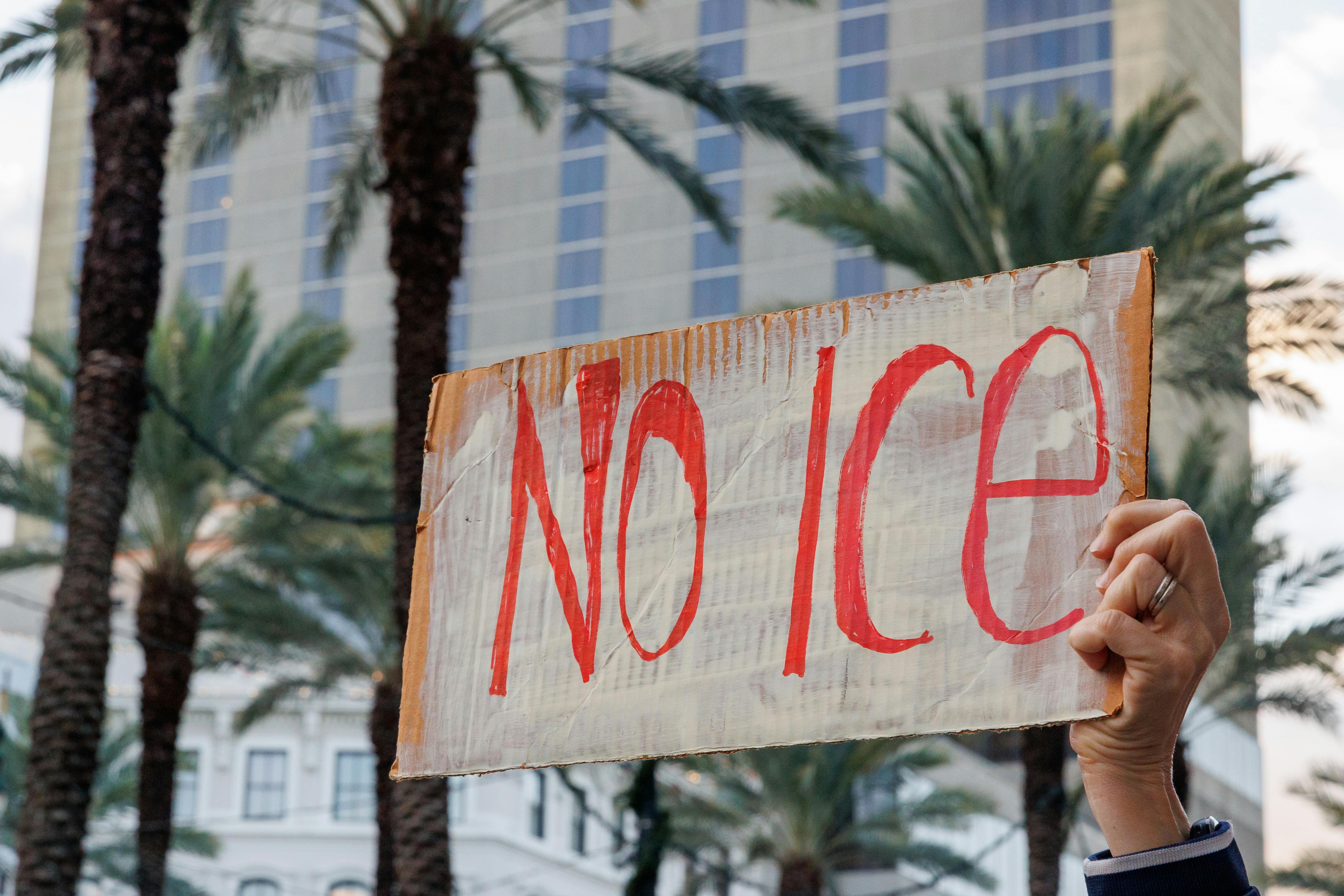 A hand holds a "No ICE" sign as palm trees are in the background