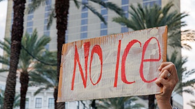 A hand holds a "No ICE" sign as palm trees are in the background