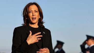 Kamala Harris speaks to the media before boarding Air Force Two after assessing the Hurricane Helene recovery response in North Carolina.
