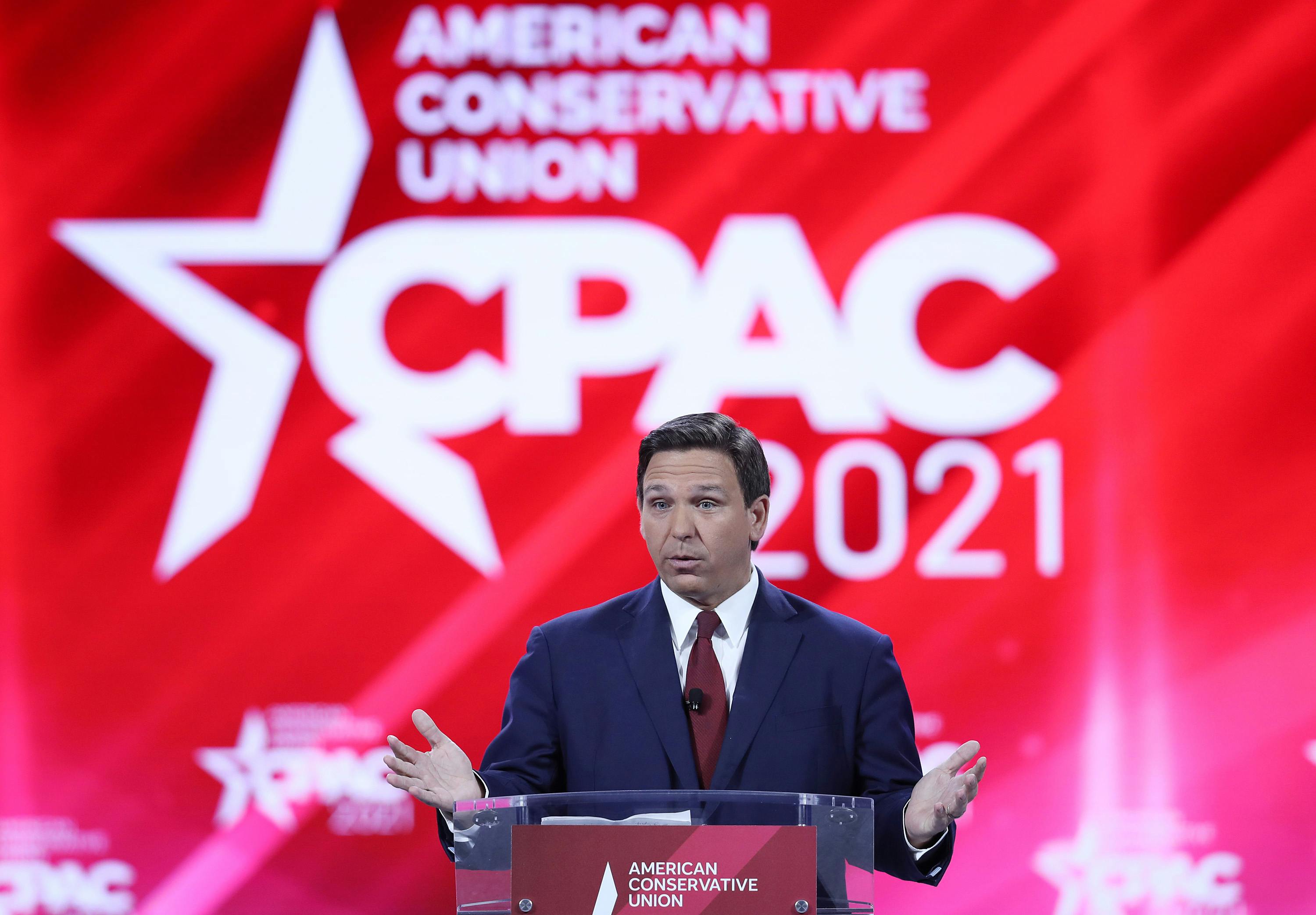 Florida Governor Ron DeSantis speaks to the crowd at the 2021 Conservative Political Action Conference