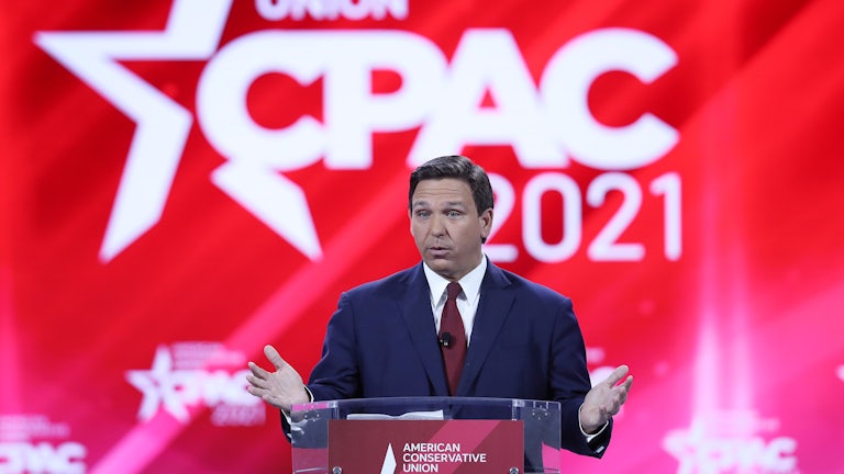 Florida Governor Ron DeSantis speaks to the crowd at the 2021 Conservative Political Action Conference