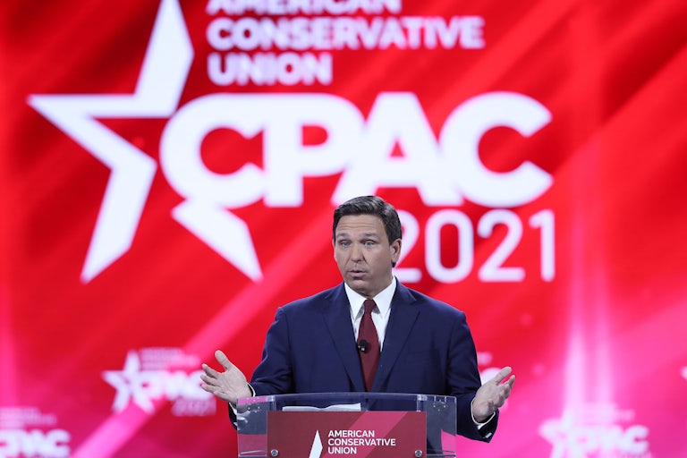 Florida Governor Ron DeSantis speaks to the crowd at the 2021 Conservative Political Action Conference
