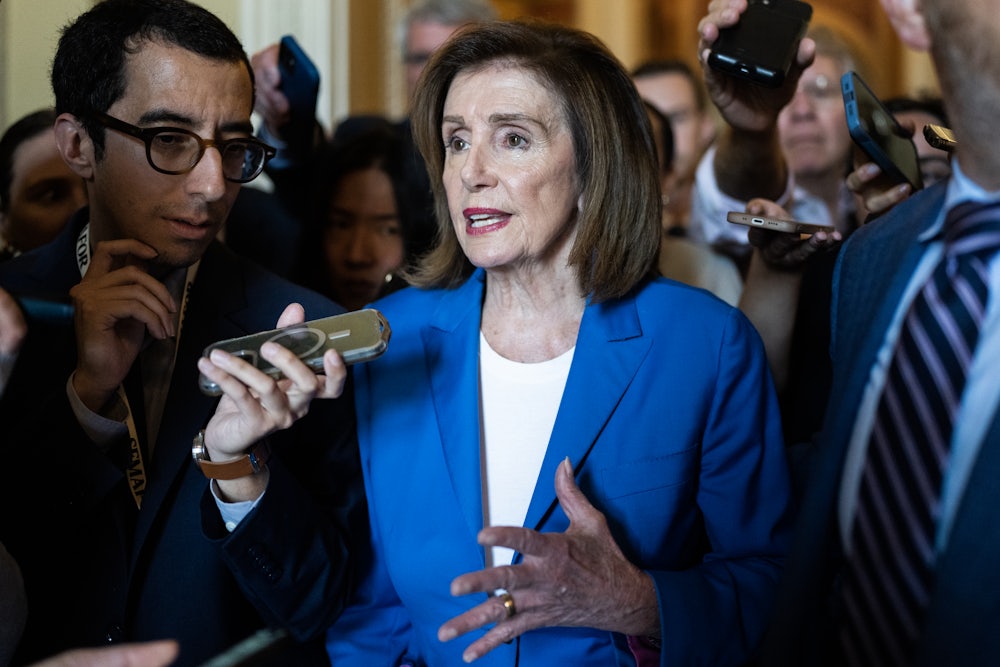 Former Speaker Nancy Pelosi speaks to reporters in the Capitol on June 28.