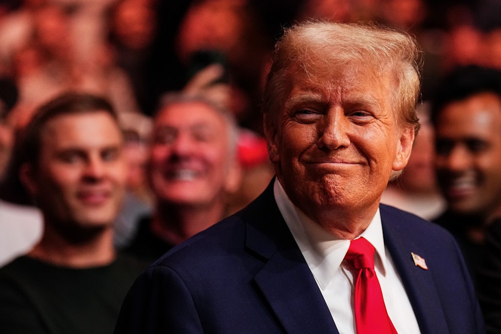 Donald Trump does that goofy toothless grin he does.