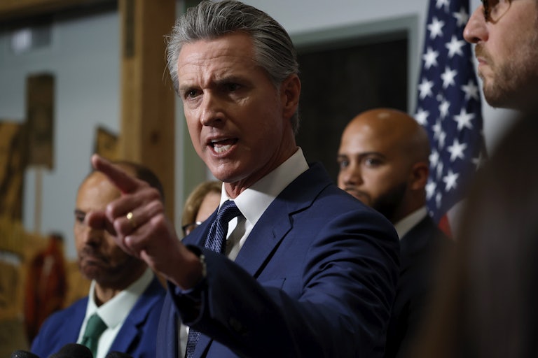 CA Governor Gavin Newsom speaks at a press conference.