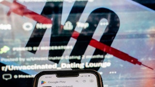 This photo illustration shows the "Unjabbed: Unvaccinated Dating" app in front of the cover image of a Facebook group for unvaccinated singles.