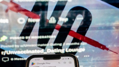 This photo illustration shows the "Unjabbed: Unvaccinated Dating" app in front of the cover image of a Facebook group for unvaccinated singles.