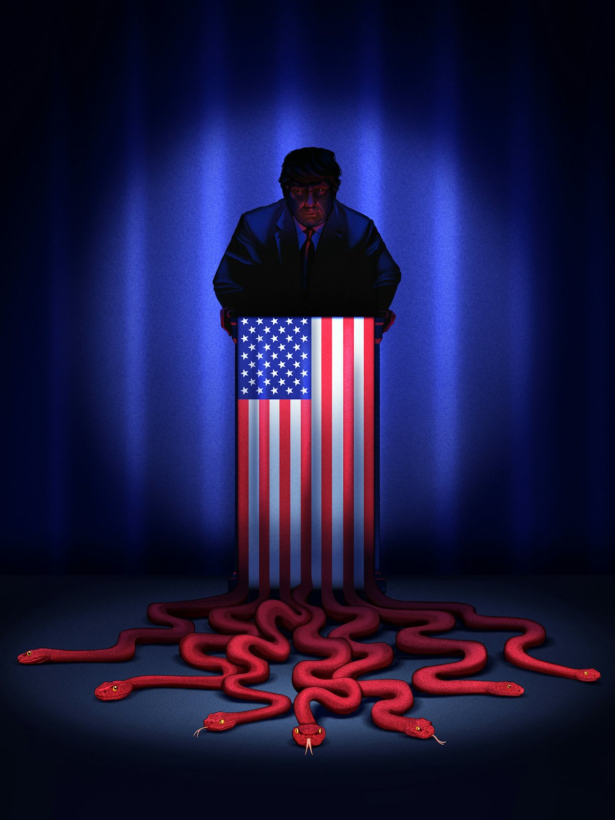 An illustration of Trump at a podium draped with a long American flag, the red strips transform to red serpents on the floor.