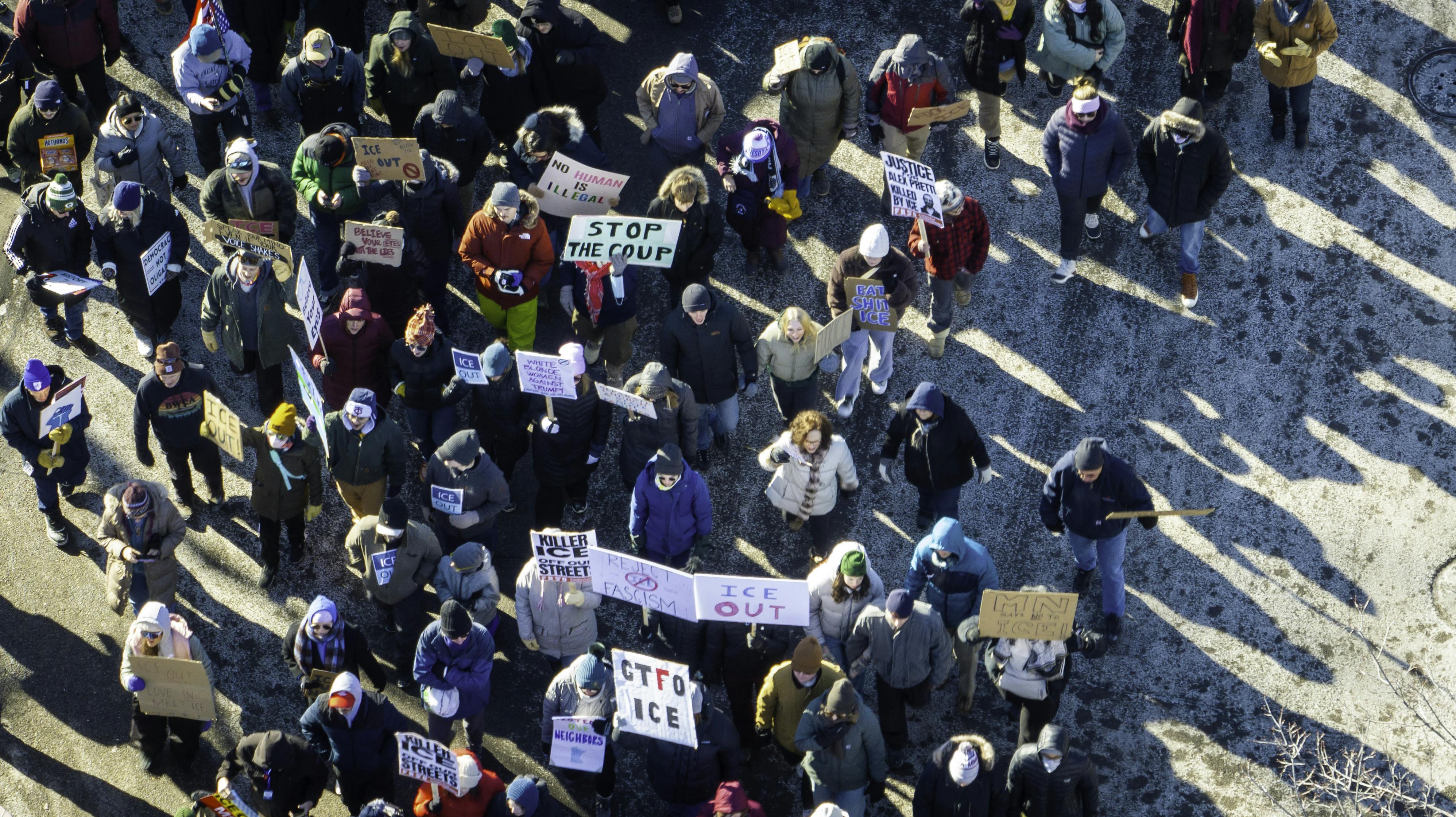 An aerial view of a protest in Minneapolis, Minnesota, against ICE's presence in the state
