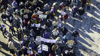 An aerial view of a protest in Minneapolis, Minnesota, against ICE's presence in the state