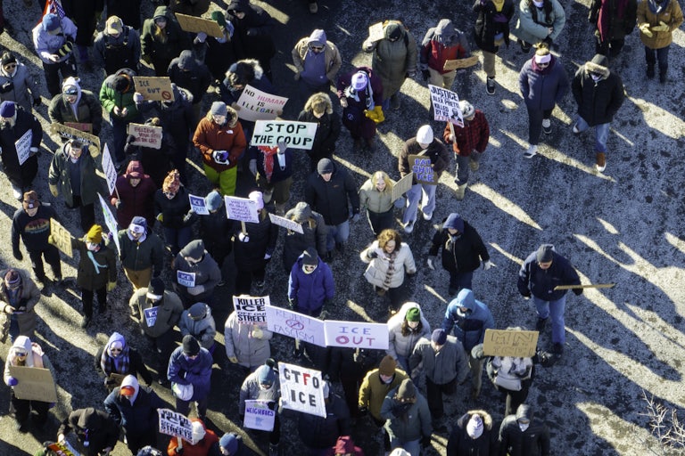 An aerial view of a protest in Minneapolis, Minnesota, against ICE's presence in the state