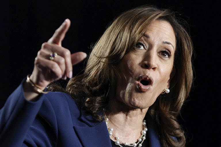 Kamala Harris gestures as she speaks