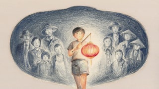 A young boy holds a bright lantern as the shadows of past wars loom in the background.