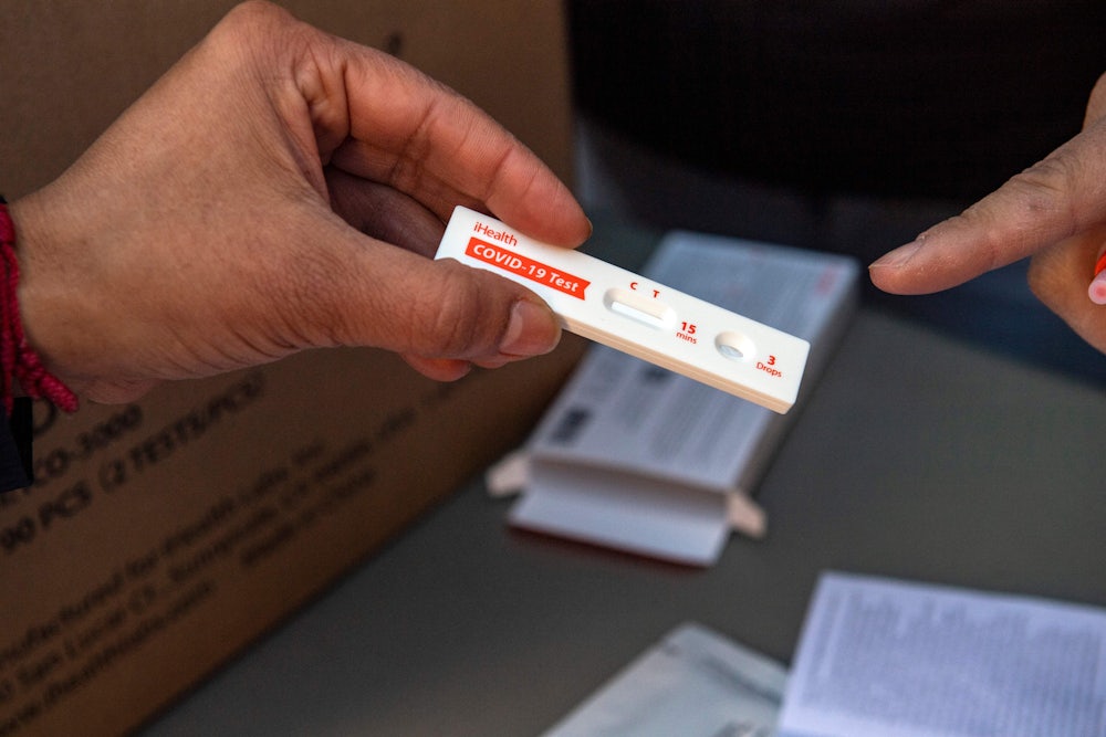 A hand holds an unused COVID-19 rapid antigen test.