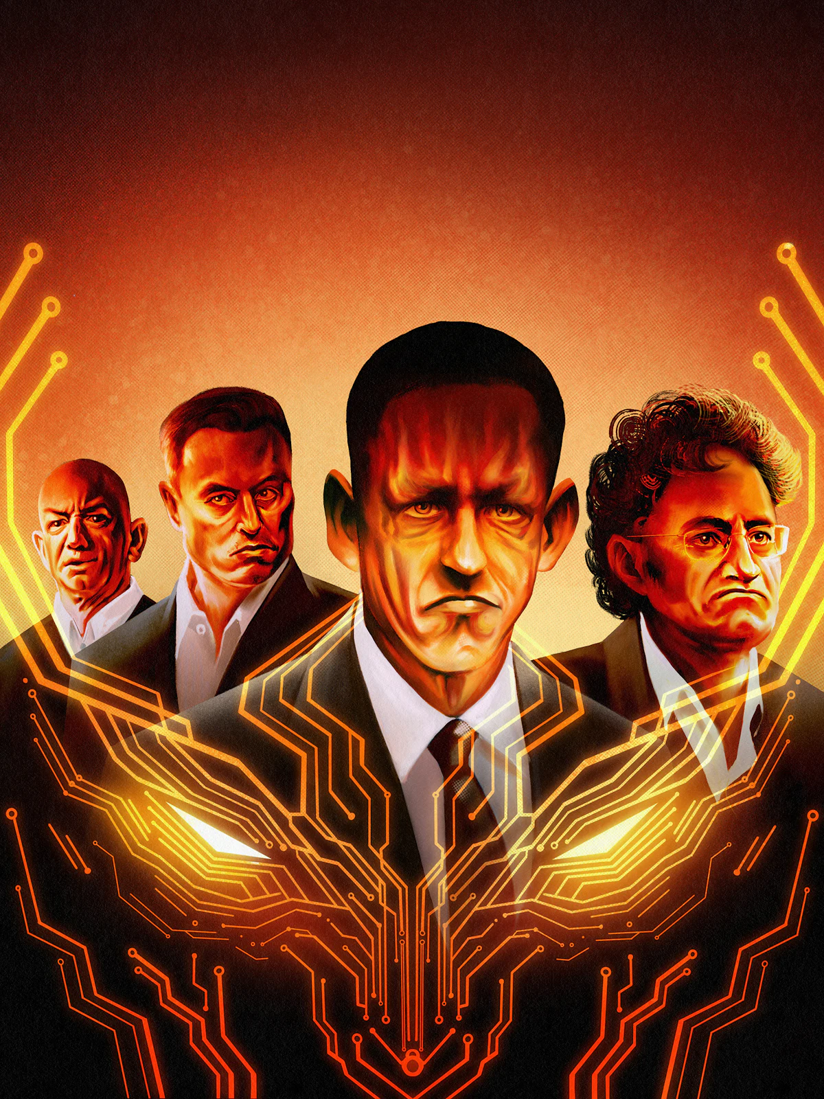 illustration of Peter Thiel, Elon Musk, Jeff Bezos, and Palantir’s Alex Karp in evil red tones and lighting with circuit-board patterns forming a demon face.