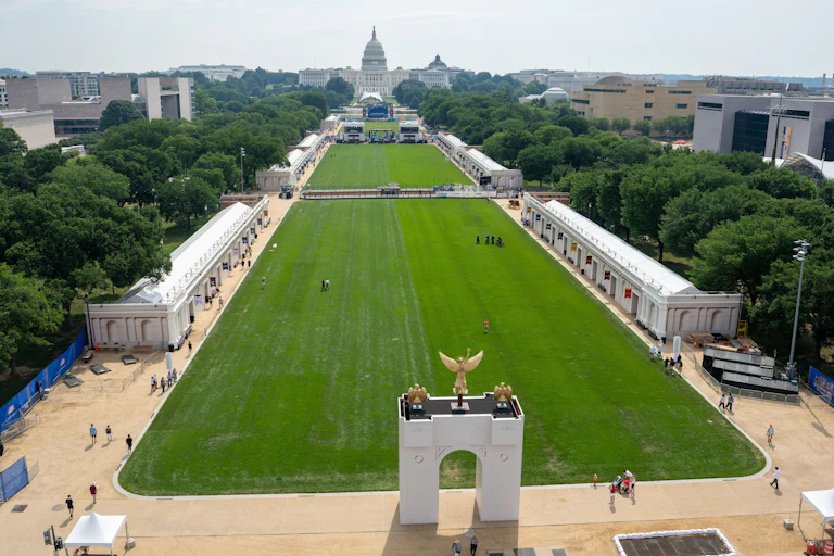 Overhead view of the Great American State Fair, which is mostly empty.