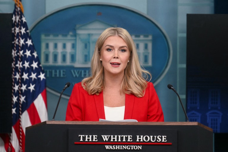 White House Press Secretary Karoline Leavitt speaks at a podium during a press briefing