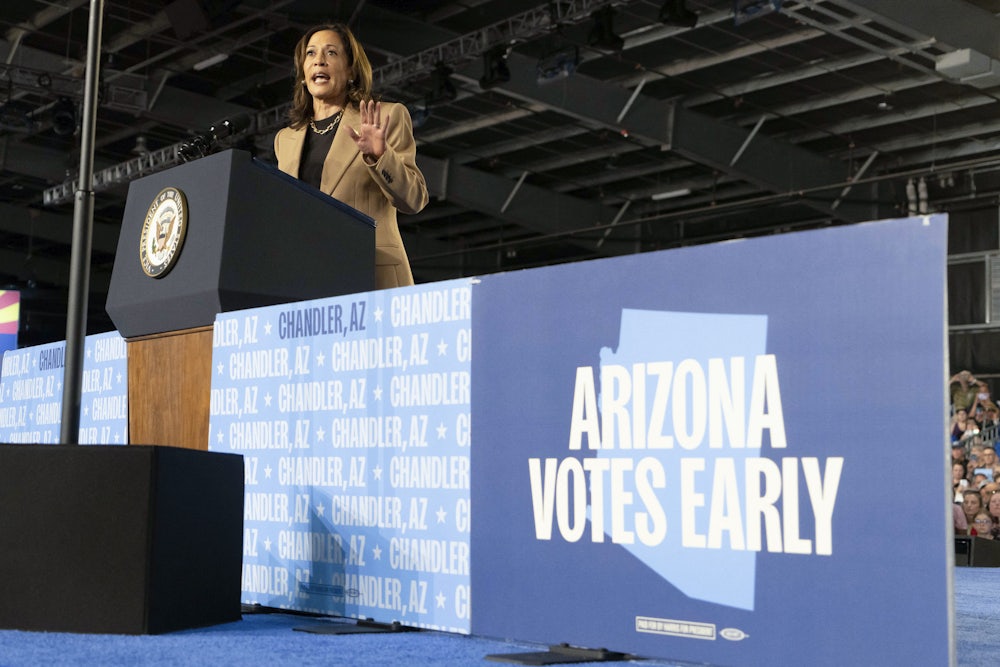 Vice President Kamala Harris speaks during a campaign rally in Chandler, Arizona, on October 10, 2024.