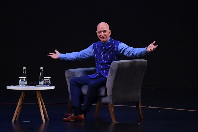 Amazon CEO Jeff Bezos gestures during an event in New Delhi in 2020.