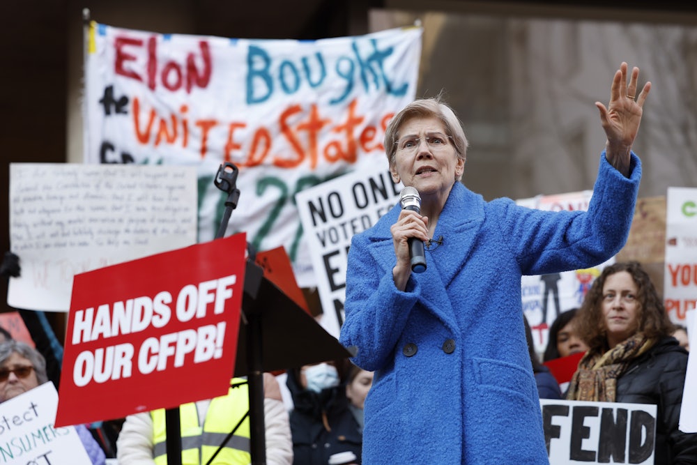 Sen. Elizabeth Warren speaks at a rally outside the Consumer Financial Protection Bureau in Washington, D.C.