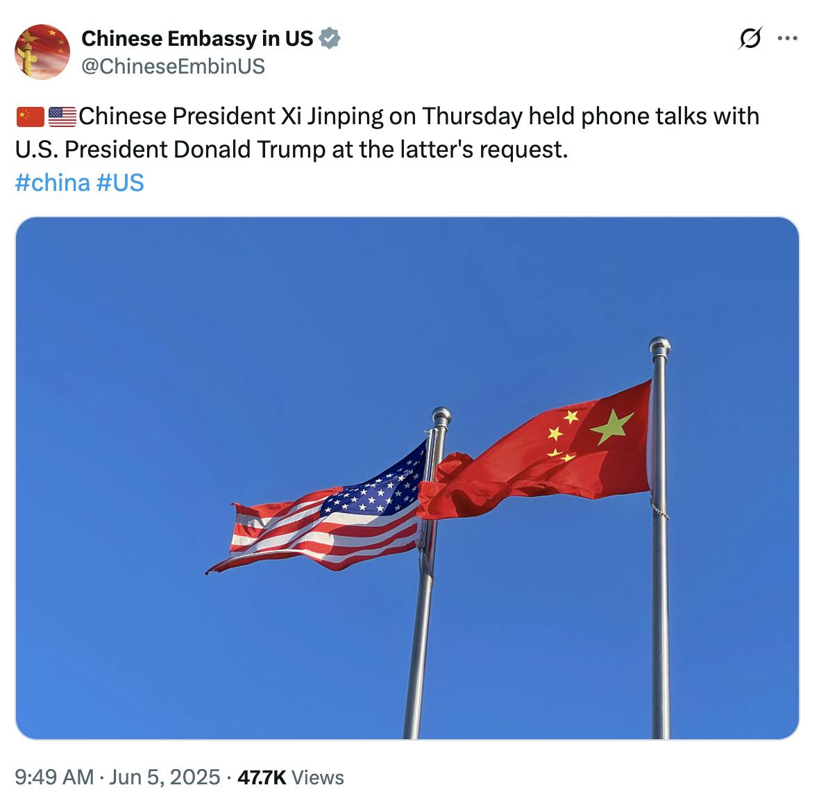 X Chinese Embassy in US @ChineseEmbinUS: 🇨🇳🇺🇸Chinese President Xi Jinping on Thursday held phone talks with U.S. President Donald Trump at the latter's request. #china #US