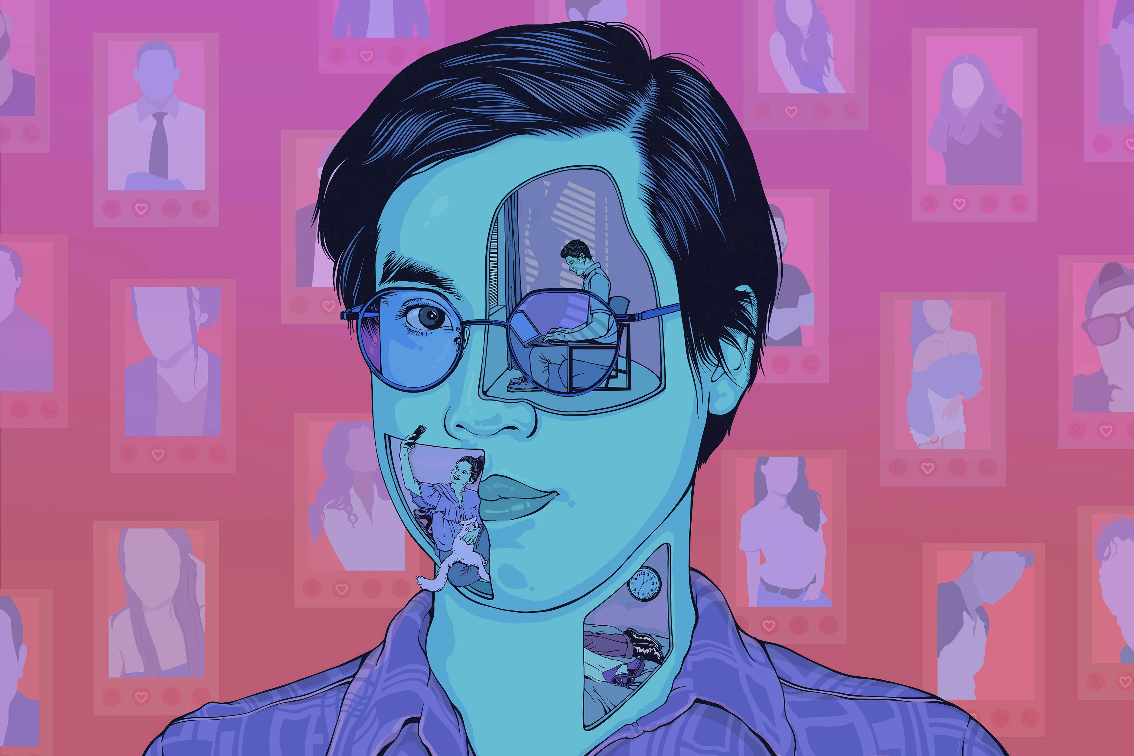 An illustration of the author Tony Tulathimutte that shows some scenes from his novel