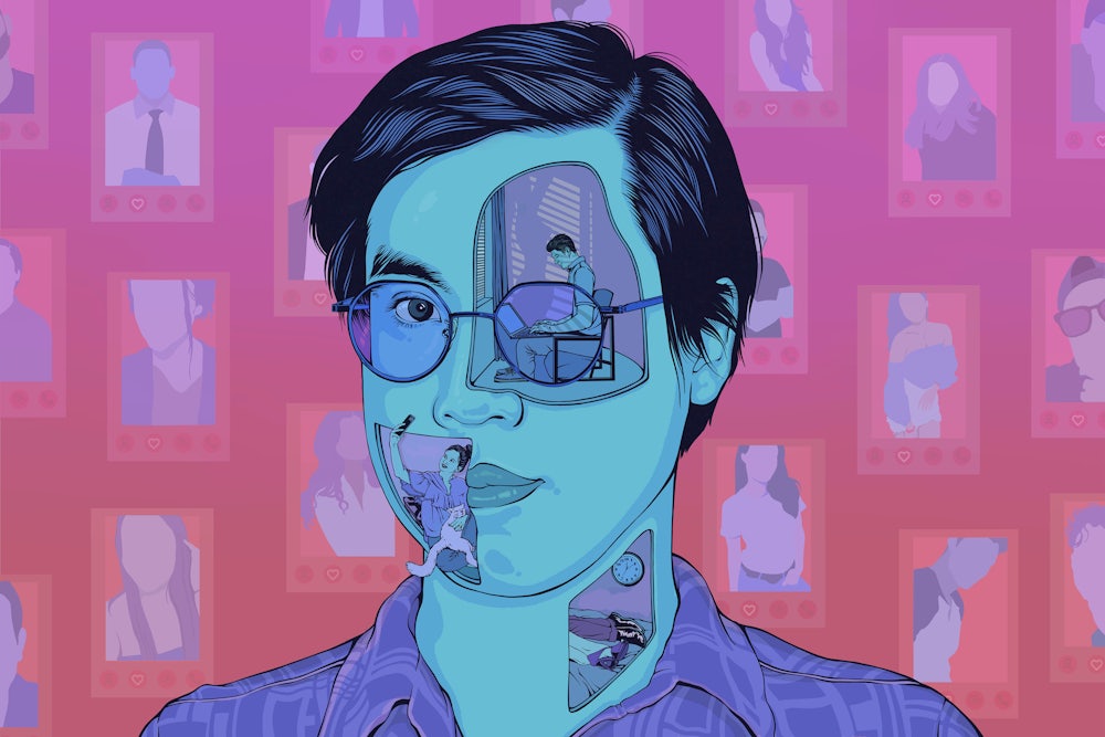 An illustration of the author Tony Tulathimutte that shows some scenes from his novel