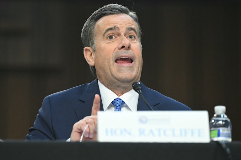 CIA Director John Ratcliffe holds up his finger while speaking during a Senate Intelligence Committee hearing