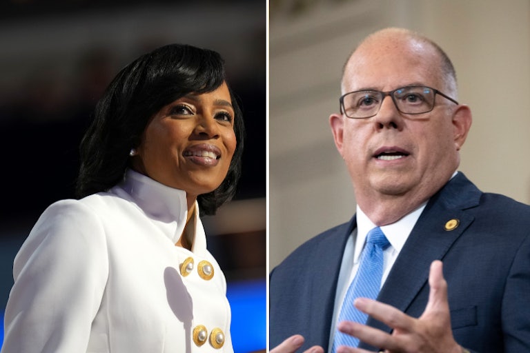 Splitscreen of Maryland’s Angela Alsobrooks and Larry Hogan