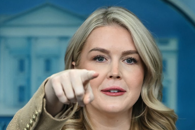 Karoline Leavitt points during a White House press briefing