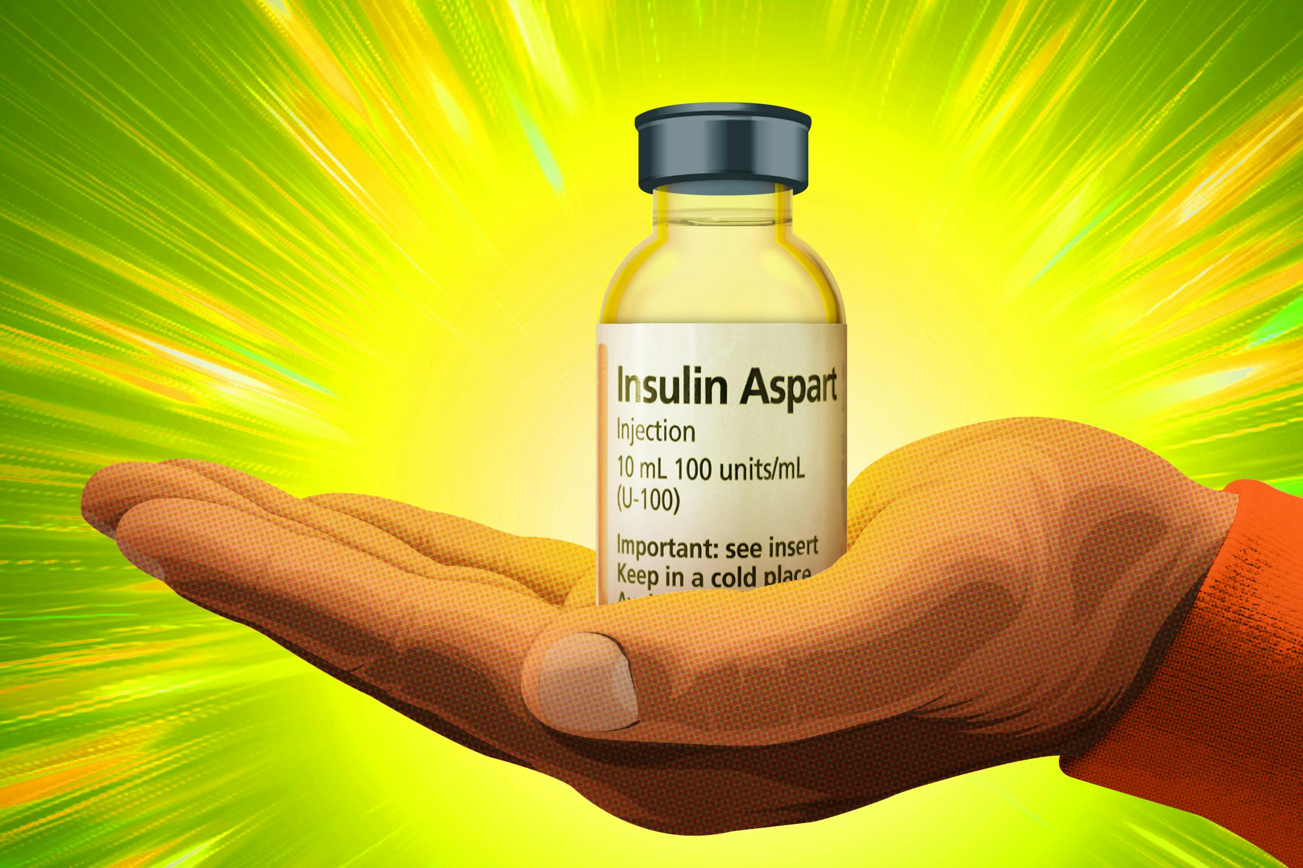 An illustration of a bright, glowing, heroic bottle of insulin 
