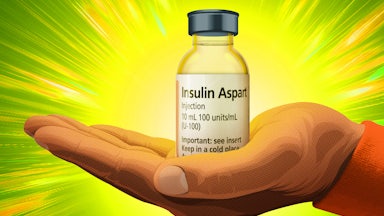 An illustration of a bright, glowing, heroic bottle of insulin