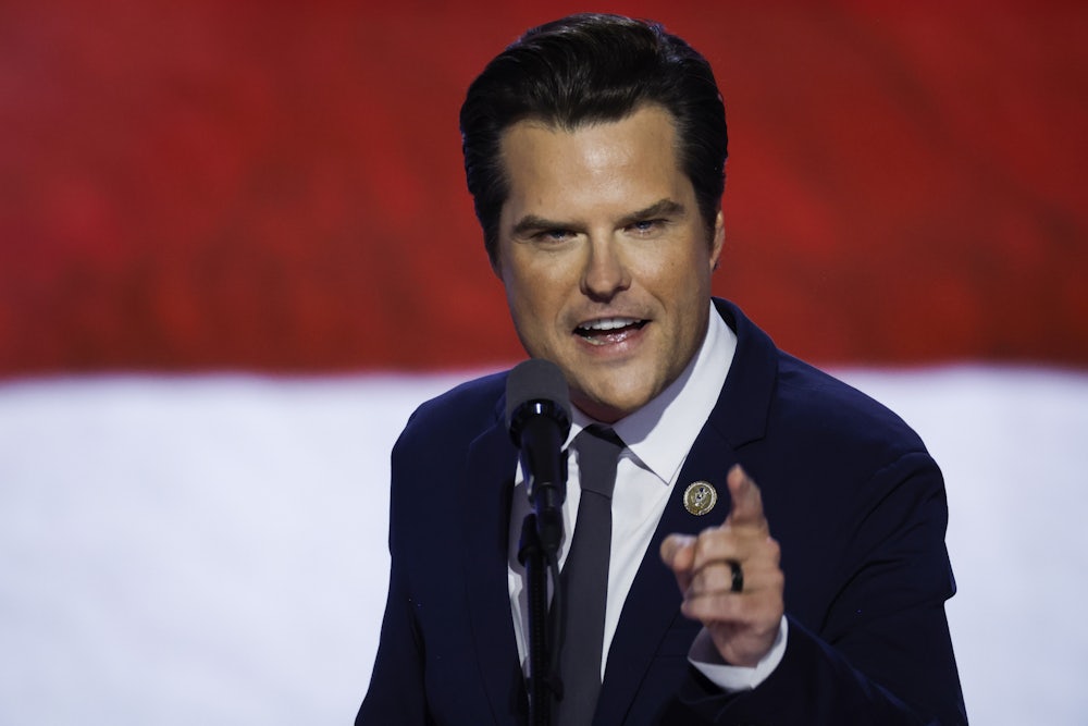 Matt Gaetz speaks while pointing at the audience