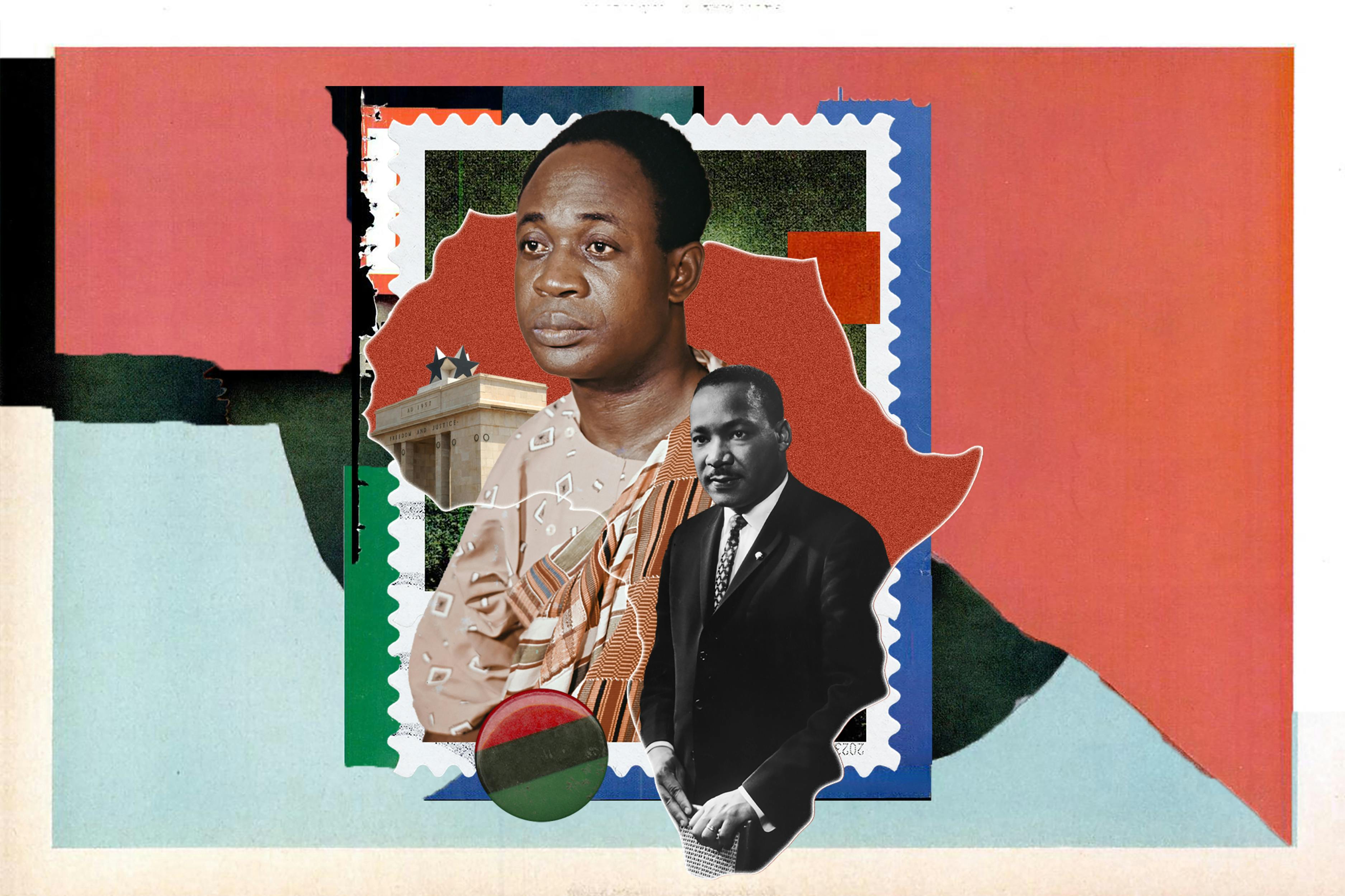 A collage showing Kwame Nkrumah and Martin Luther King, Jr. points to the ties between the two figures in the struggle for Black liberation. It also suggests the piece will discuss the promise of pan-Africanism.