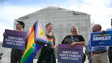 Demonstrators protest against conversion therapy outside the U.S. Supreme Court as the Court hears oral arguements in Chiles v. Salazar, a landmark case on conversion therapy.