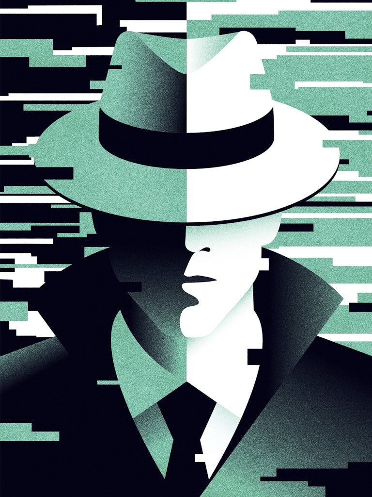 A green, white, and black illustration of a spy, eyes covered with a hat