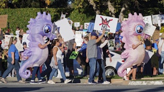 People, including two in inflatable seahorse costumes, march and hold signs during the No Kings protest
